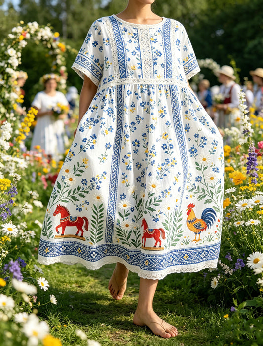 Ladies' Swedish Midsummer Festival Souvenir Print Maxi Dress