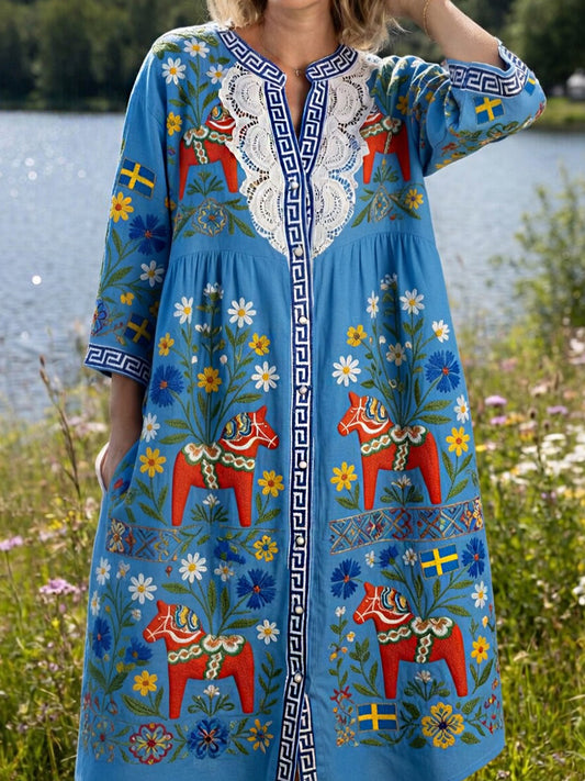 Women's Vintage Midsummer Floral Art Print Cotton Linen Loose Dress