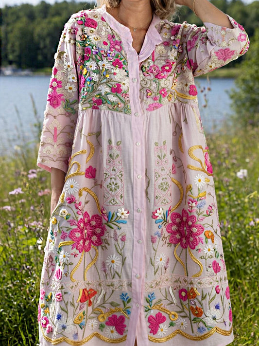Women's Vintage Midsummer Floral Art Print Cotton Linen Loose Dress