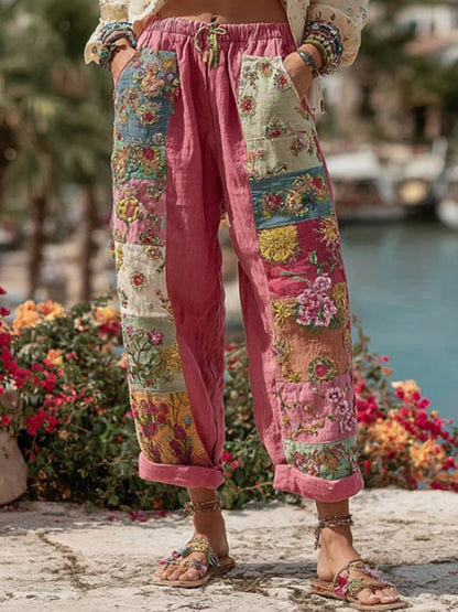 Bohemian-style women's tie with floral embroidery, contrasting colors, and a linen blend – casual trousers