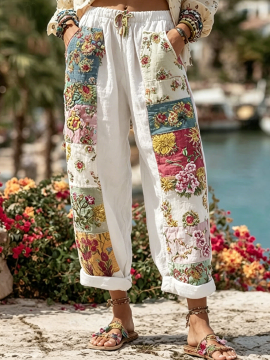 Bohemian-style women's tie with floral embroidery, contrasting colors, and a linen blend – casual trousers