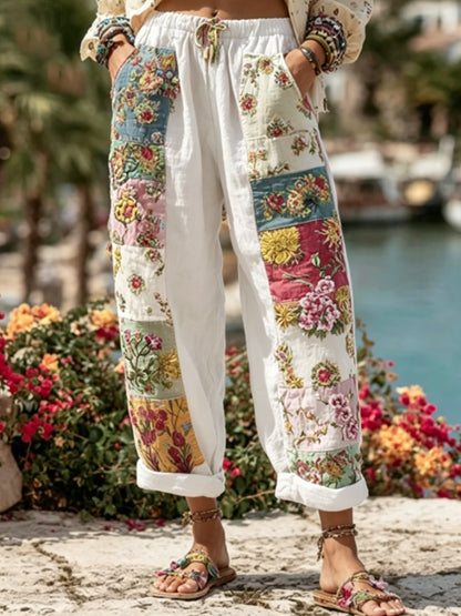Bohemian-style women's tie with floral embroidery, contrasting colors, and a linen blend – casual trousers