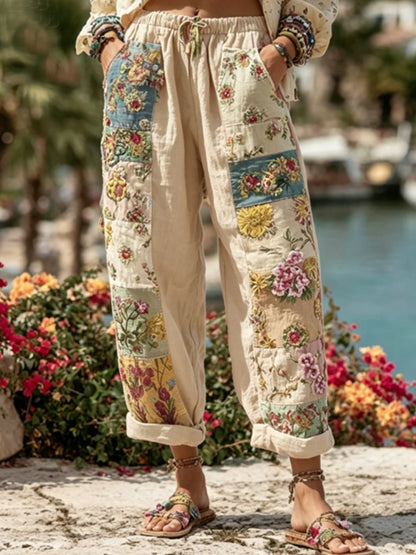 Bohemian-style women's tie with floral embroidery, contrasting colors, and a linen blend – casual trousers