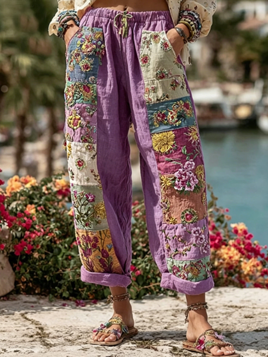 Bohemian-style women's tie with floral embroidery, contrasting colors, and a linen blend – casual trousers