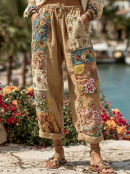 Bohemian-style women's tie with floral embroidery, contrasting colors, and a linen blend – casual trousers