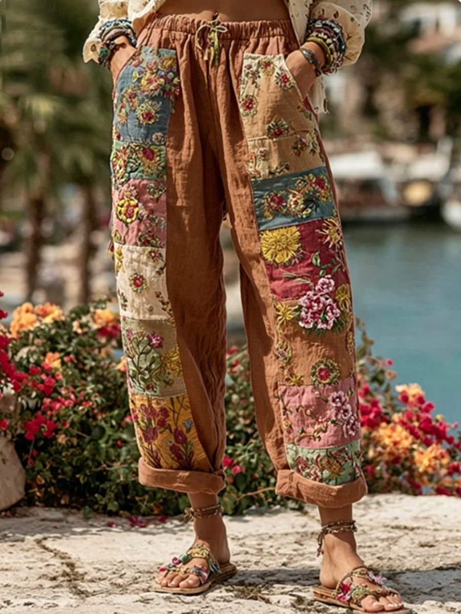 Bohemian-style women's tie with floral embroidery, contrasting colors, and a linen blend – casual trousers