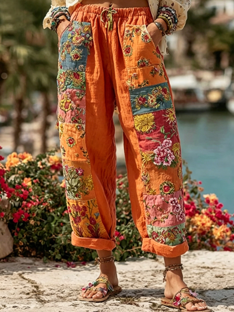 Bohemian-style women's tie with floral embroidery, contrasting colors, and a linen blend – casual trousers