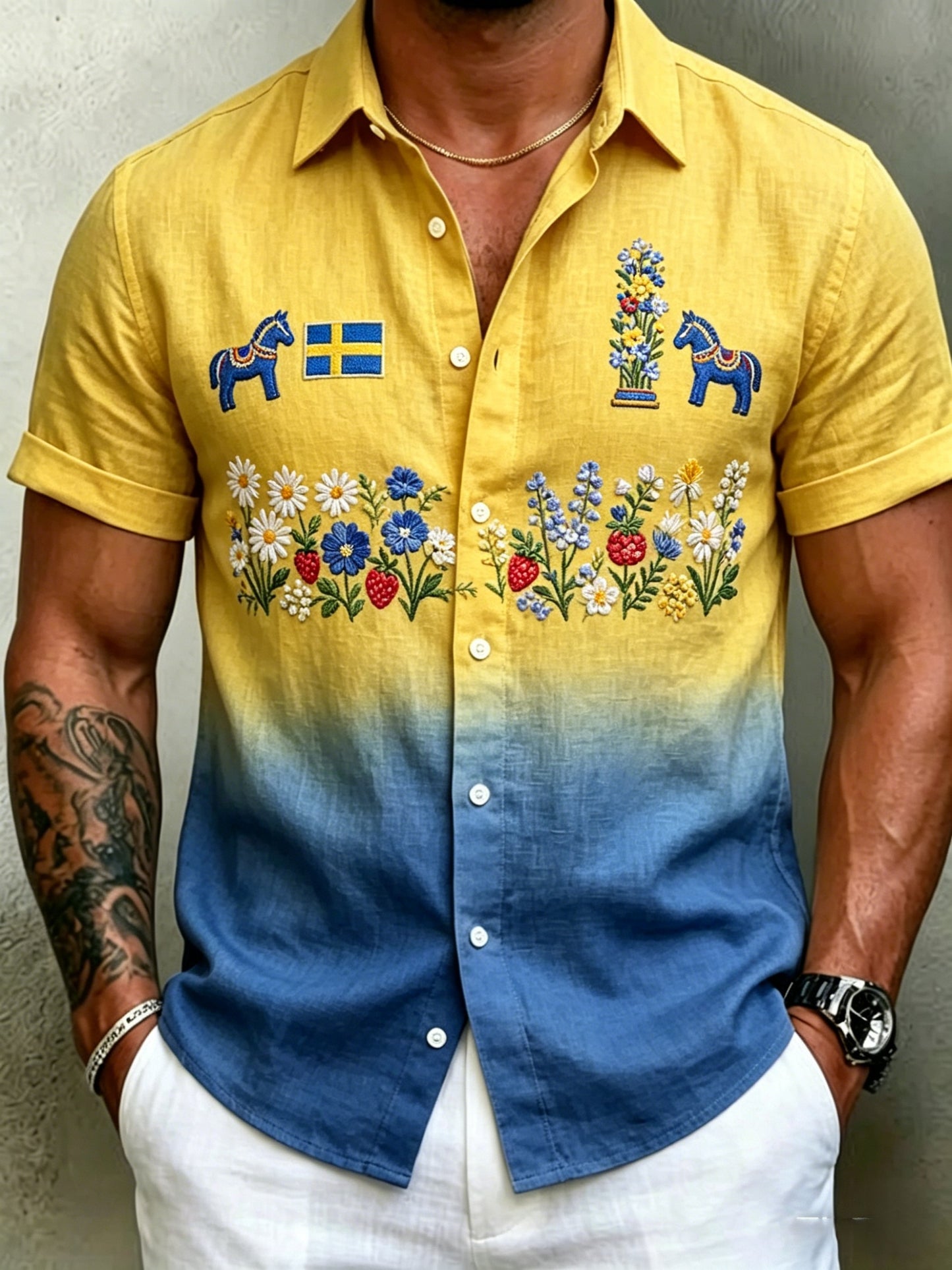 Men's retro Swedish midsummer folk never-fading floral cotton-linen short-sleeved shirt