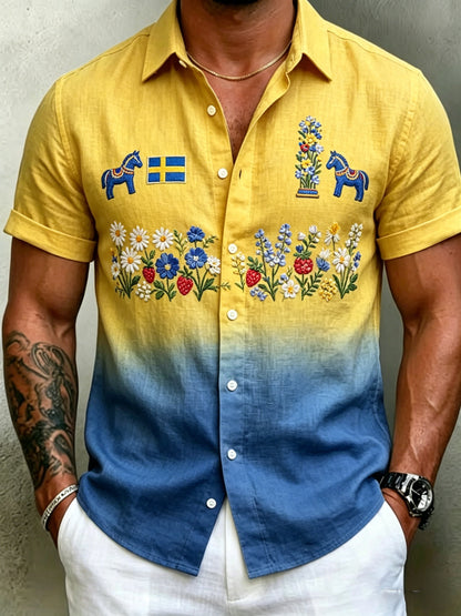 Men's retro Swedish midsummer folk never-fading floral cotton-linen short-sleeved shirt
