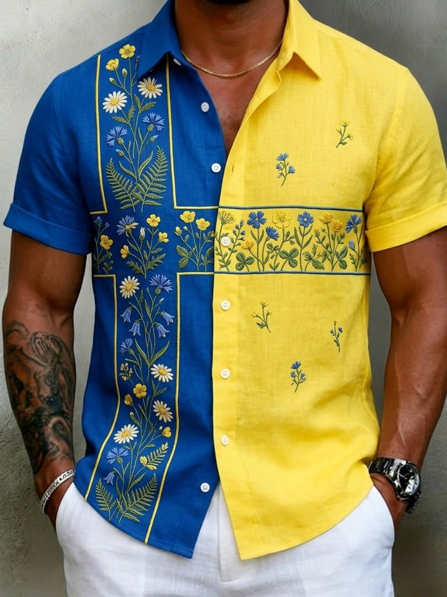 Men's retro Swedish Midsummer folk never-fading floral cotton-linen short-sleeved shirt