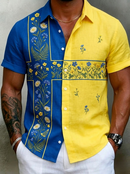 Men's retro Swedish Midsummer folk never-fading floral cotton-linen short-sleeved shirt