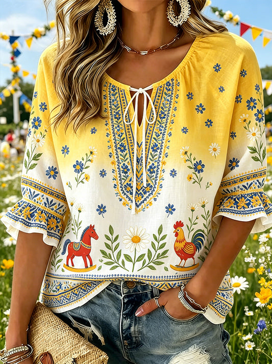 Women's Midsummer Floral Pastoral V-Neck Top