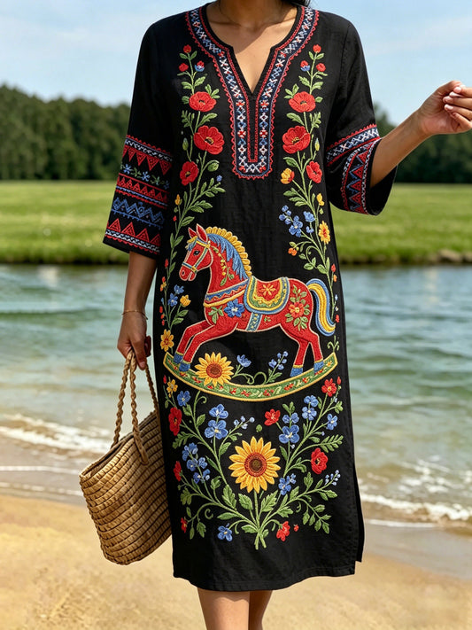 Women's Retro Swedish Midsummer Folk Style Floral Cotton-Linen Dress