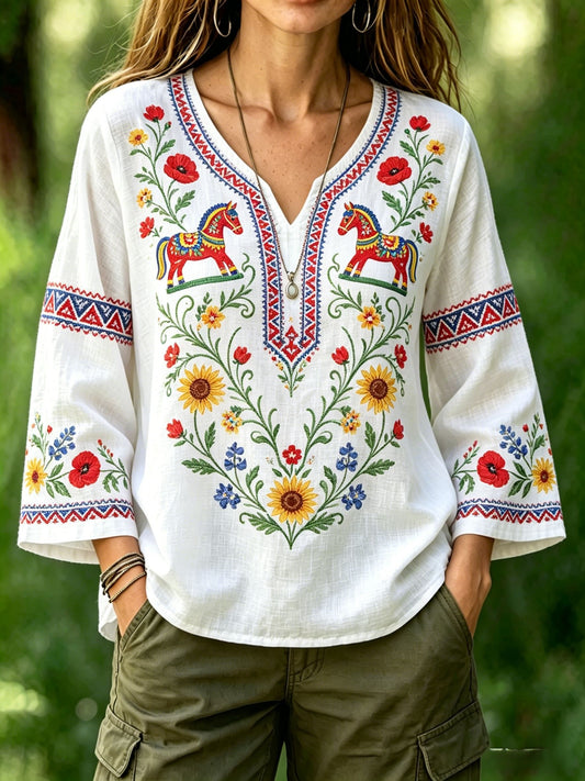 Women's retro Swedish midsummer folk style cotton-linen floral print blouse