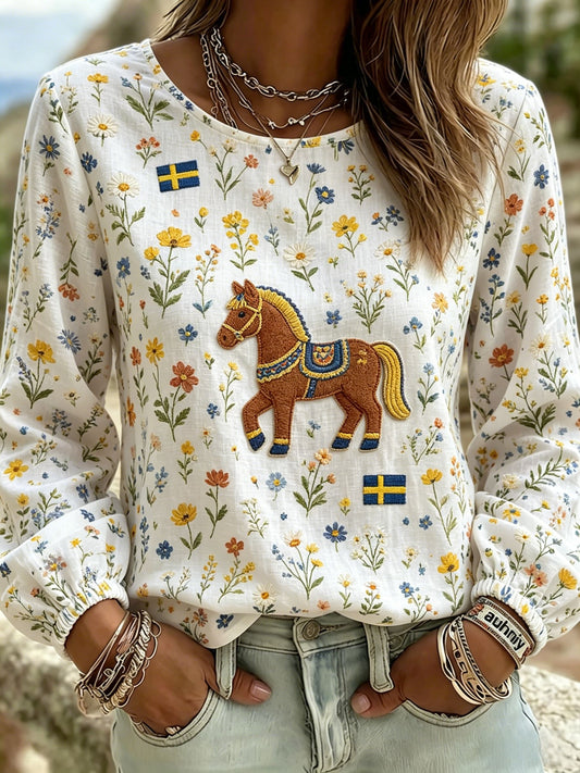 Women's retro Swedish midsummer folk style cotton-linen floral print blouse