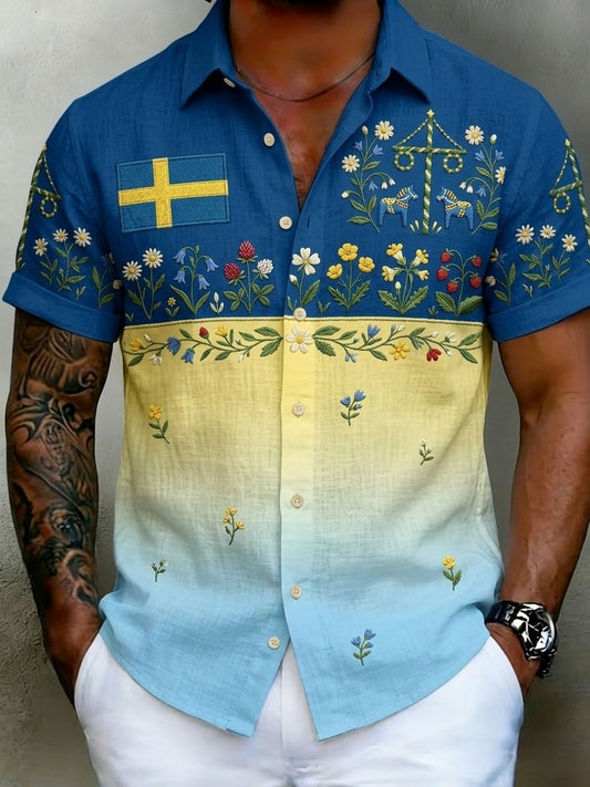 Herrretro svensk midsommarfolkaldrigblommig bomull-linne skjorta med korta ärmarna