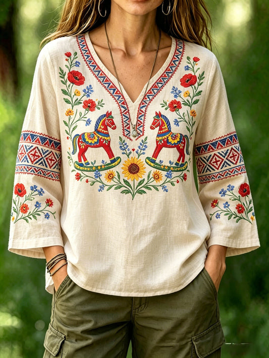 Women's retro Swedish midsummer folk style cotton-linen floral print blouse