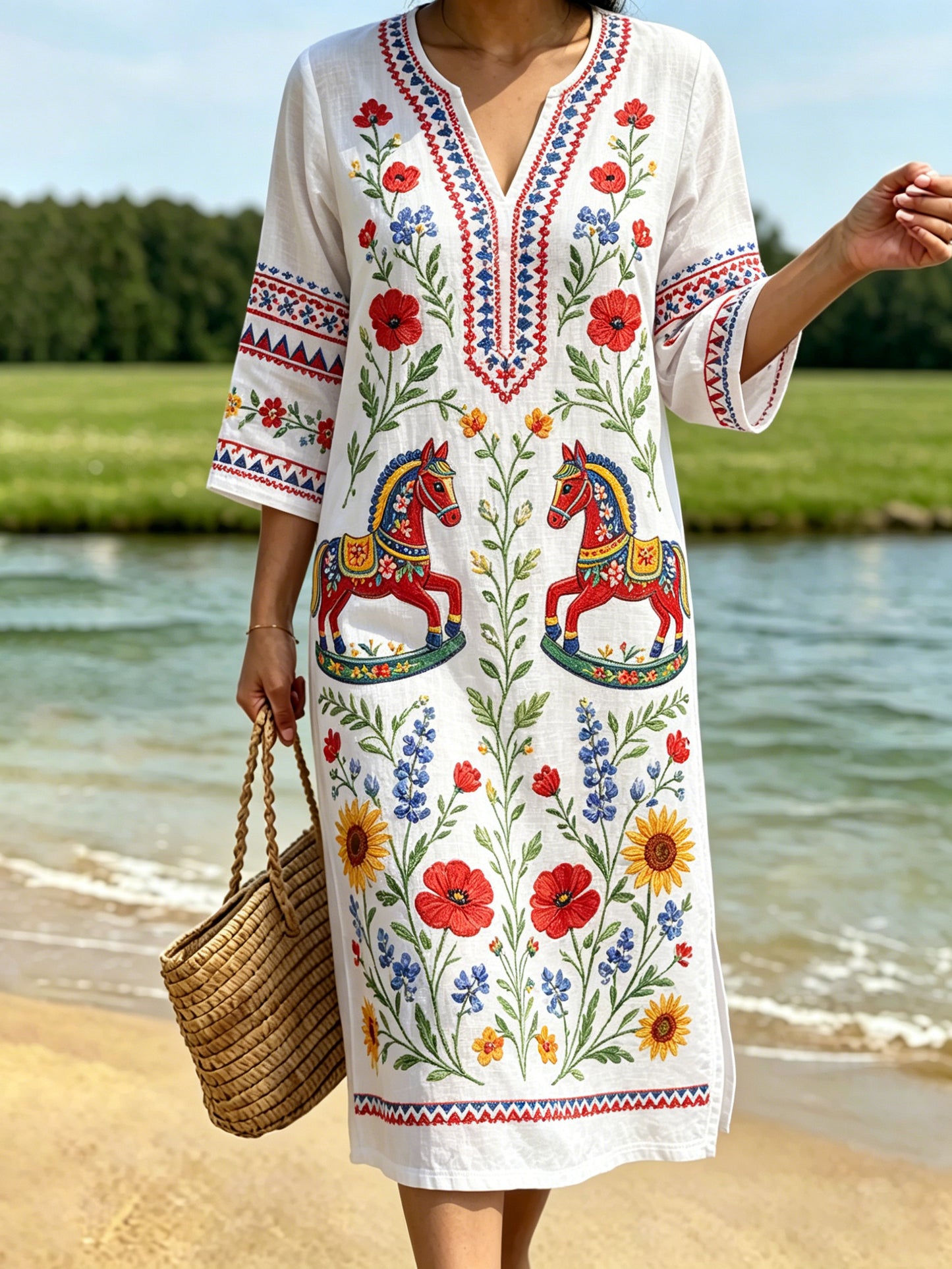 Women's Retro Swedish Midsummer Folk Style Floral Cotton-Linen Dress