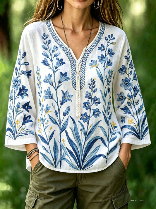 Women's retro Swedish midsummer folk style cotton-linen floral print blouse