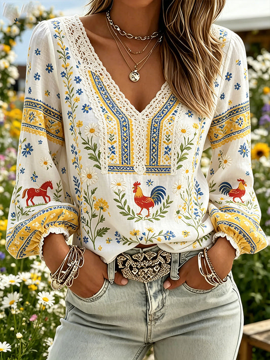 Women's Midsummer Floral Pastoral V-Neck Top
