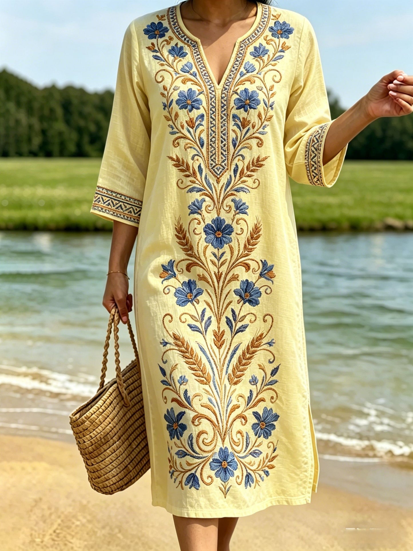 Women's Retro Swedish Midsummer Folk Style Floral Cotton-Linen Dress