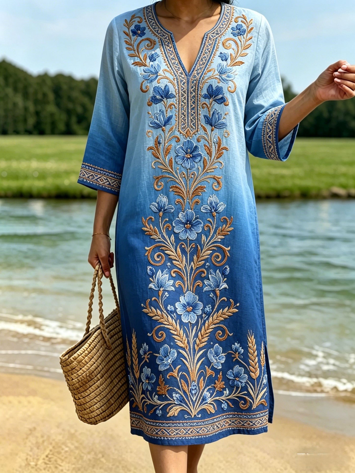 Women's retro Swedish Midsummer folk style floral cotton-linen dress
