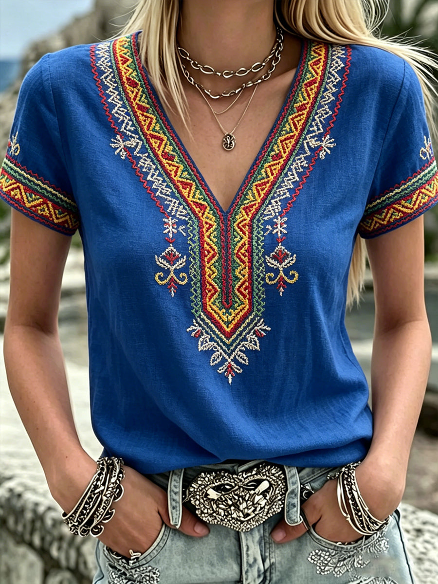 Women's black V-neck t-shirt with Swedish print, relaxed fit