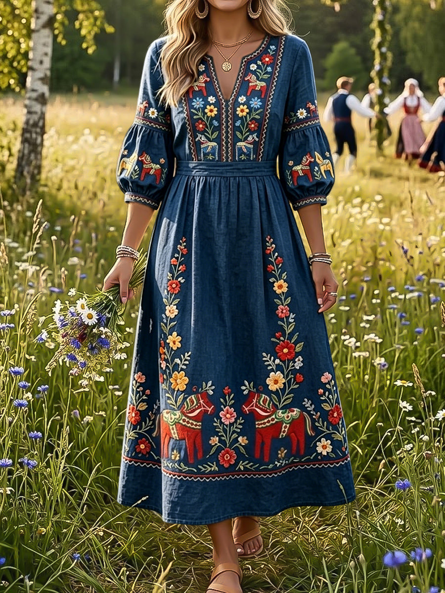 Women's vintage style skirt with floral pattern and rocking horse motif, V-neck dress