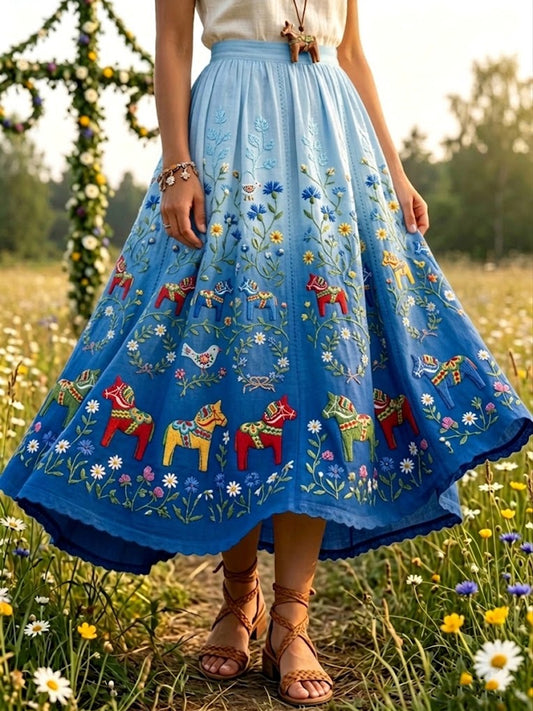 Women's retro-style mid-length skirt with gradient and romantic floral pattern
