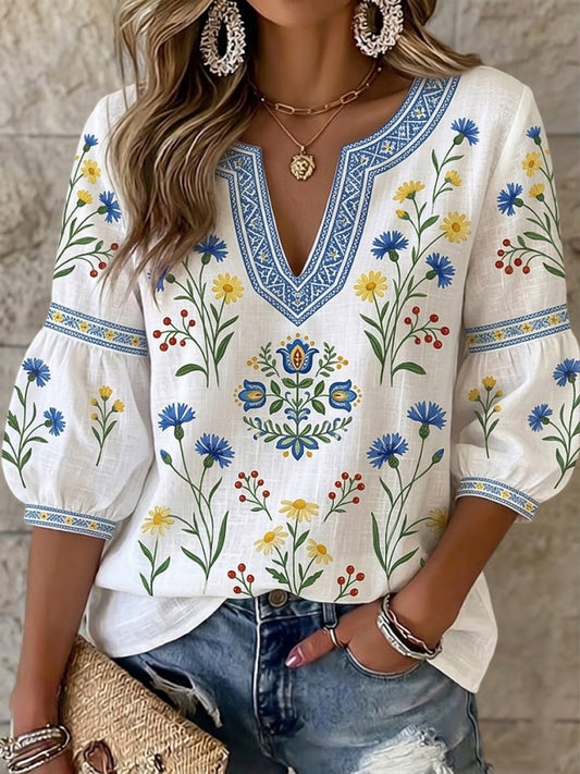 Dams vintage svensk blommig konst V-ringning topp