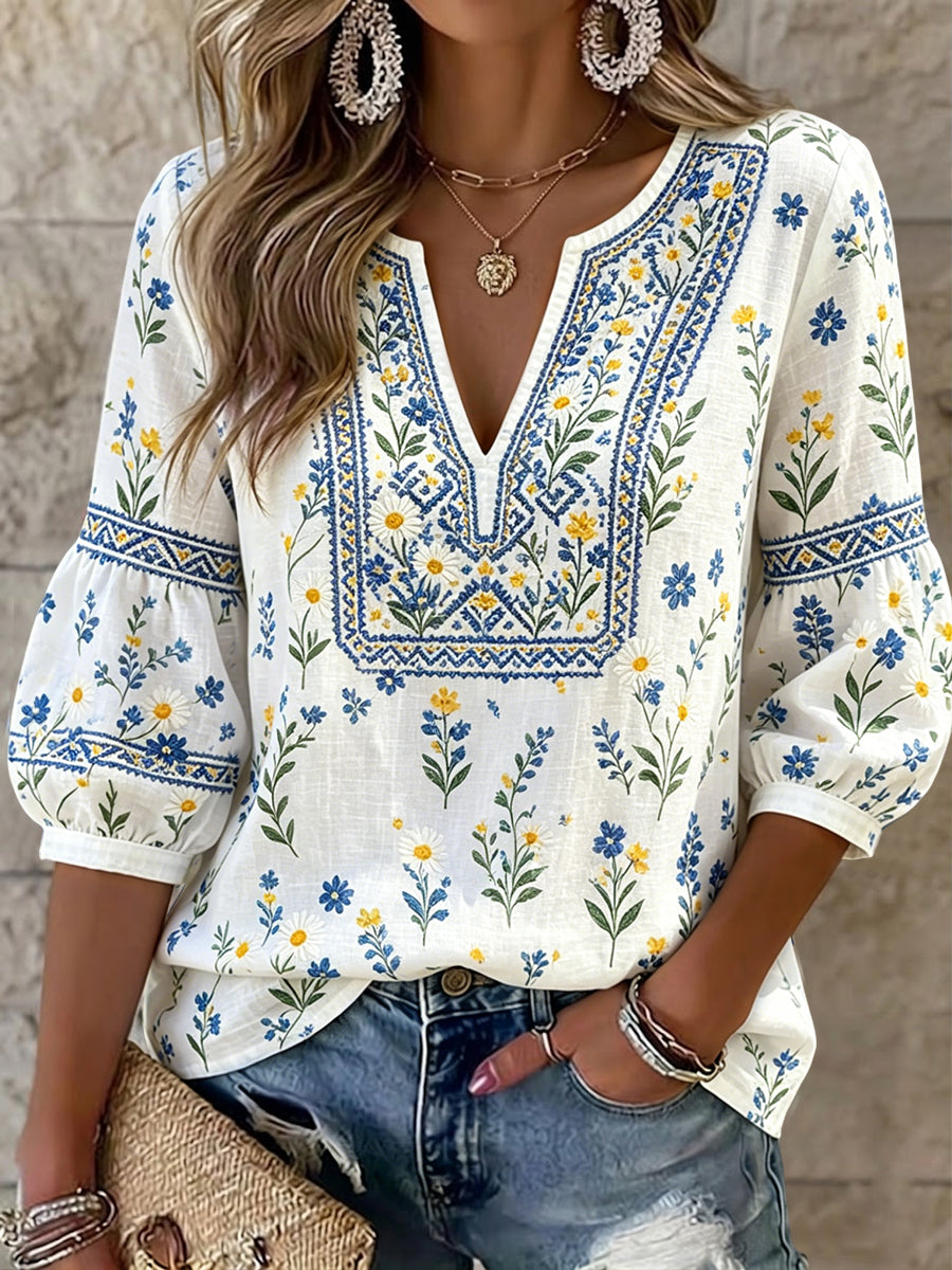 Women's Retro Romantic Floral V-Neck Top