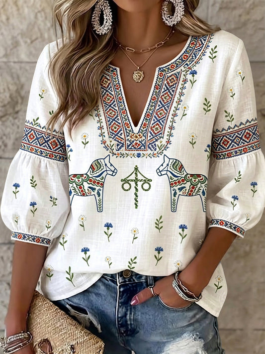 Dams retro svensk midsommar blommig karusellkonst V-ringad topp