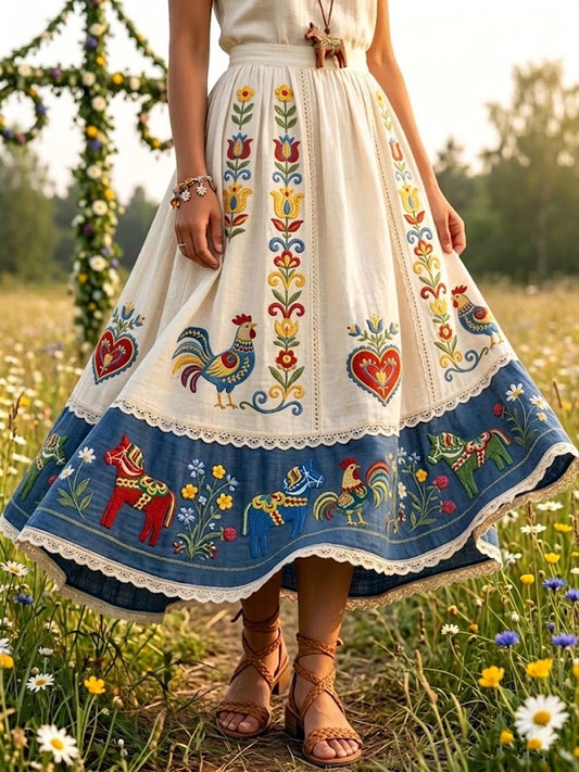 Dams kjol i retrostil med romantisk blommönster i patchwork, midiklänning