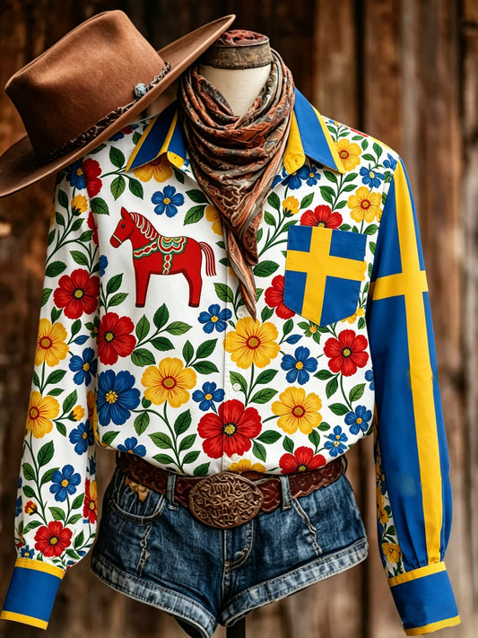 Women's Swedish Midsummer Festival Souvenir Art Print Long Sleeve T-Shirt