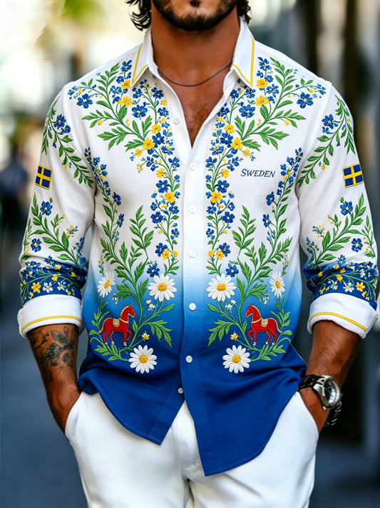 Men's long-sleeved shirt with a midsummer floral pattern and waffle texture