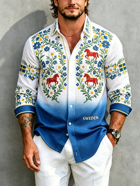 Men's long-sleeved shirt with a midsummer floral pattern and waffle texture