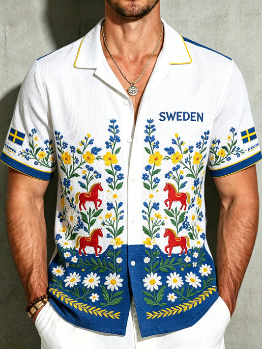 Men's midsummer sweater in waffle fabric with a floral pattern