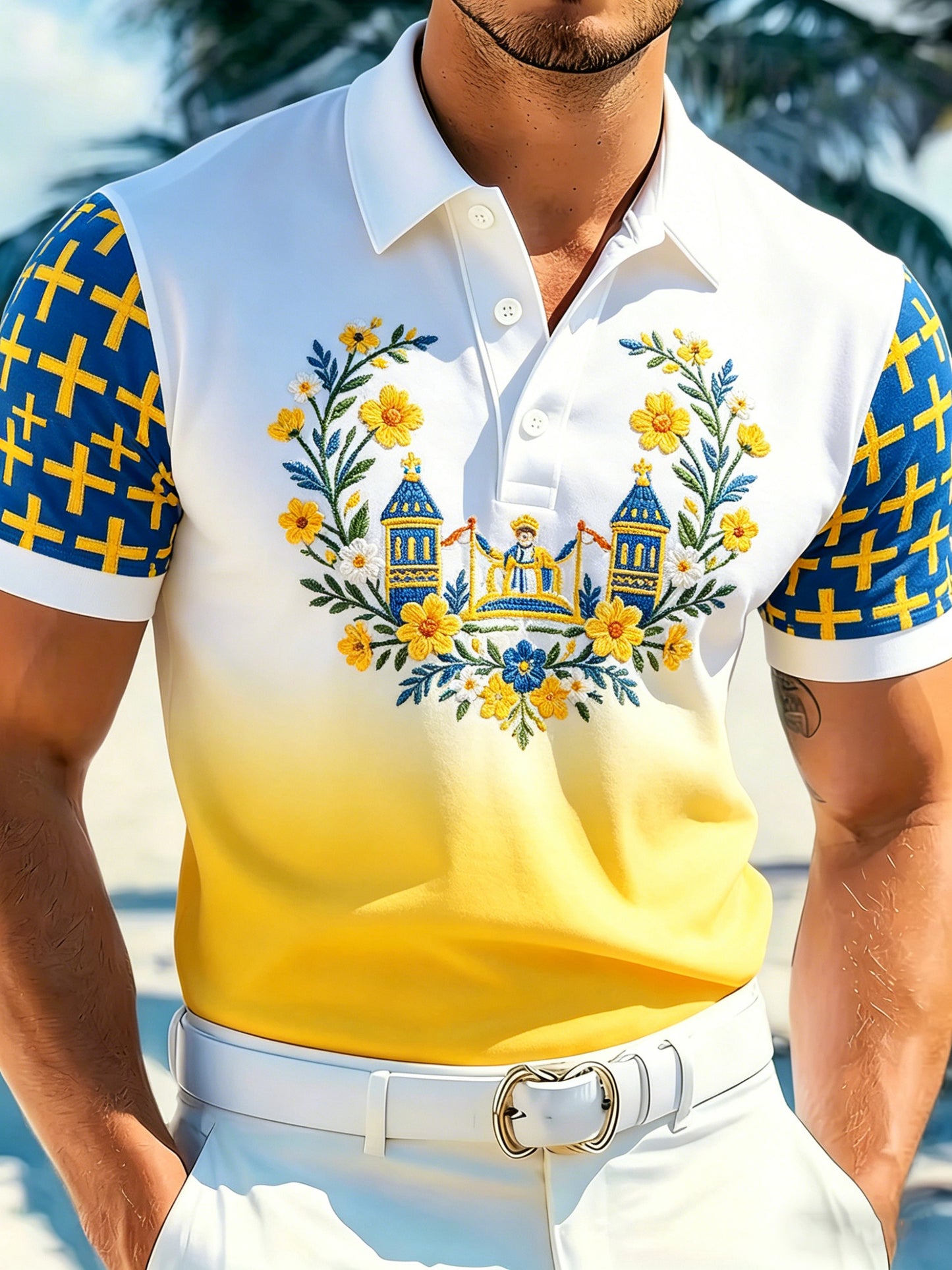 Men's polo shirt with an art print celebrating the Swedish Midsummer festival