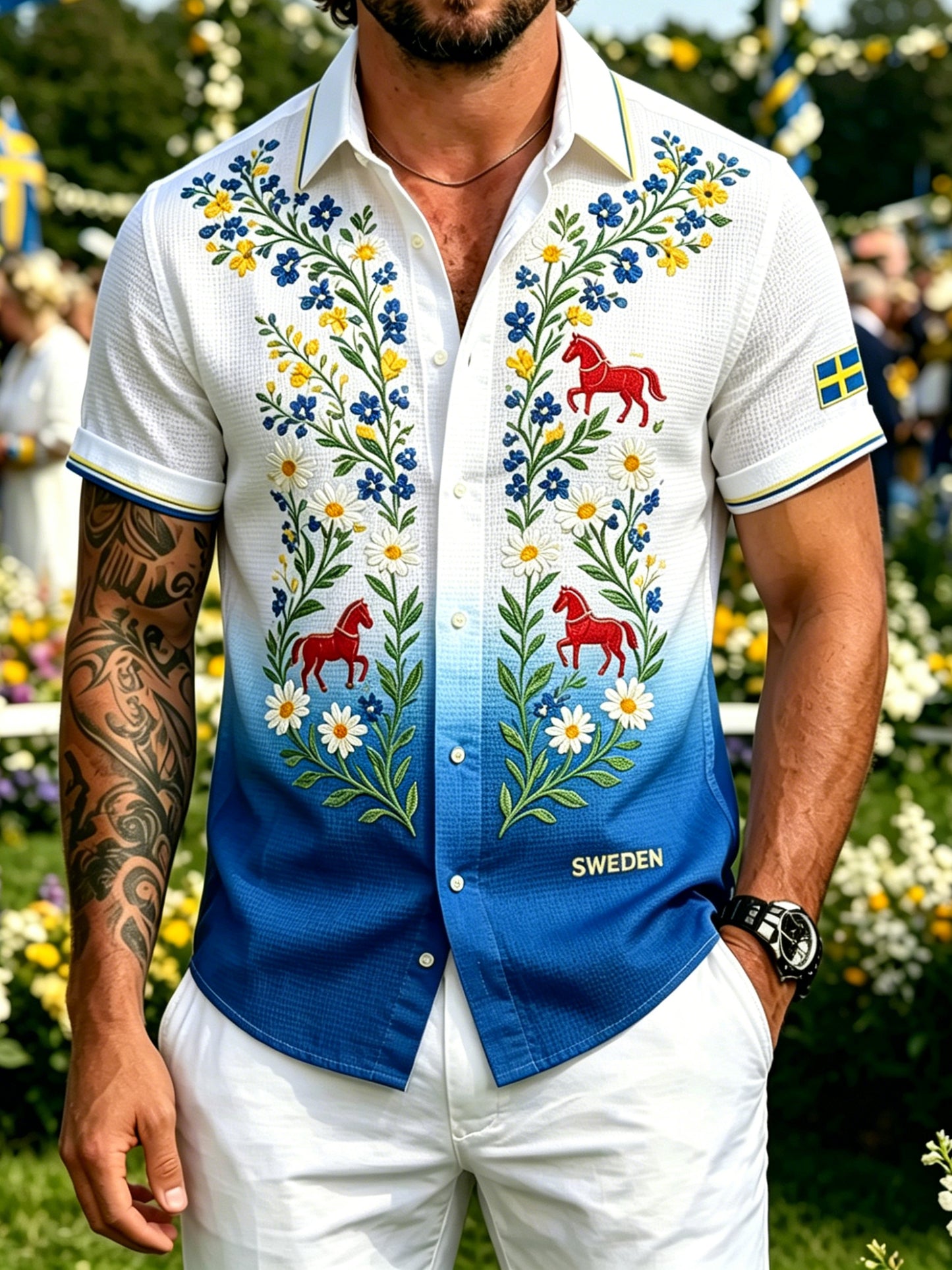 Men's midsummer waffle knit shirt with floral pattern