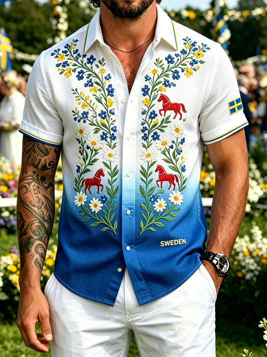 Men's midsummer waffle knit shirt with floral pattern