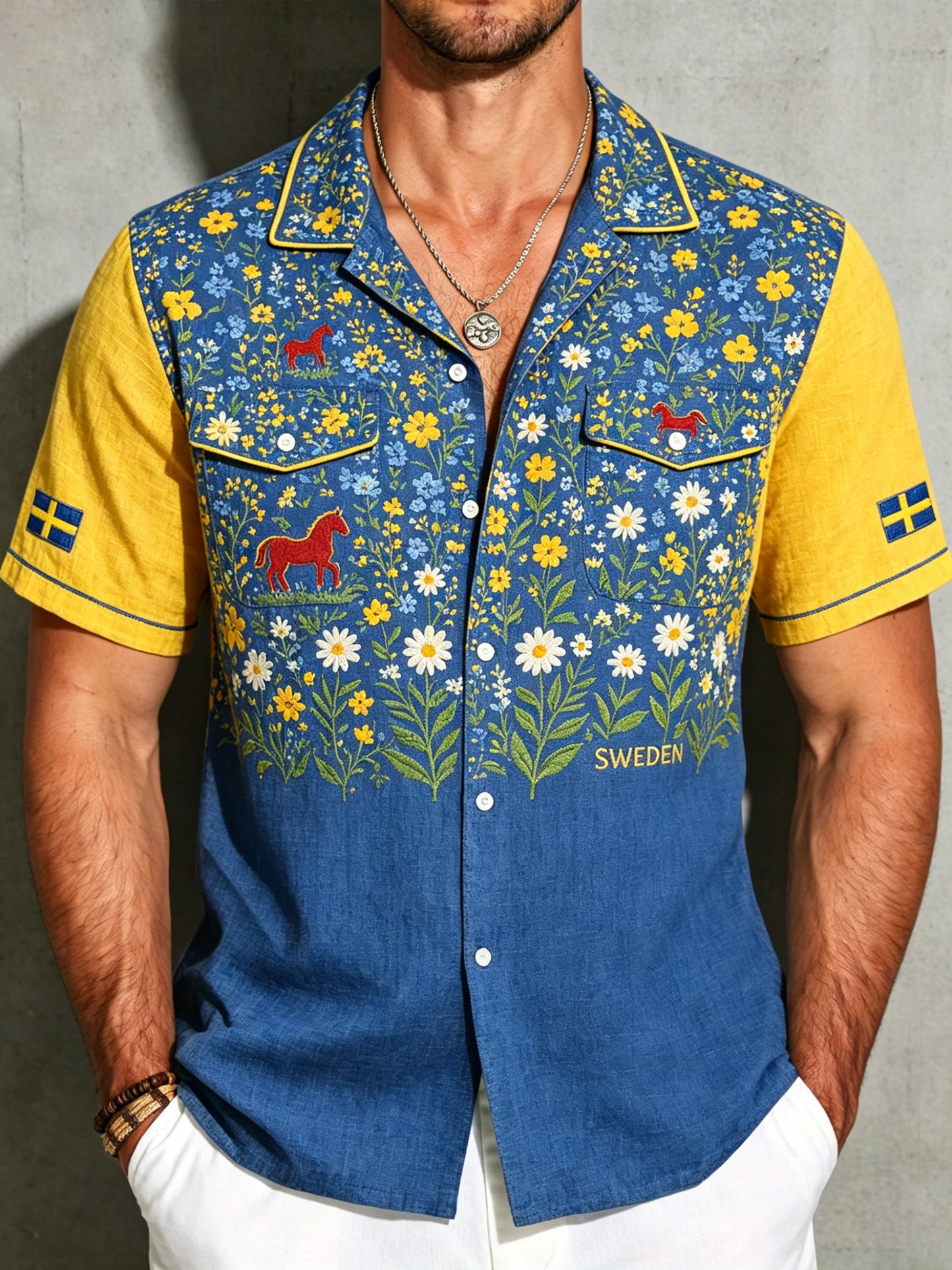 Men's cotton-linen shirt with midsummer floral pattern