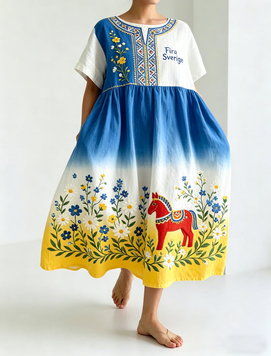 Damer Svensk midsommarfest minneskonsttryck lång klänning