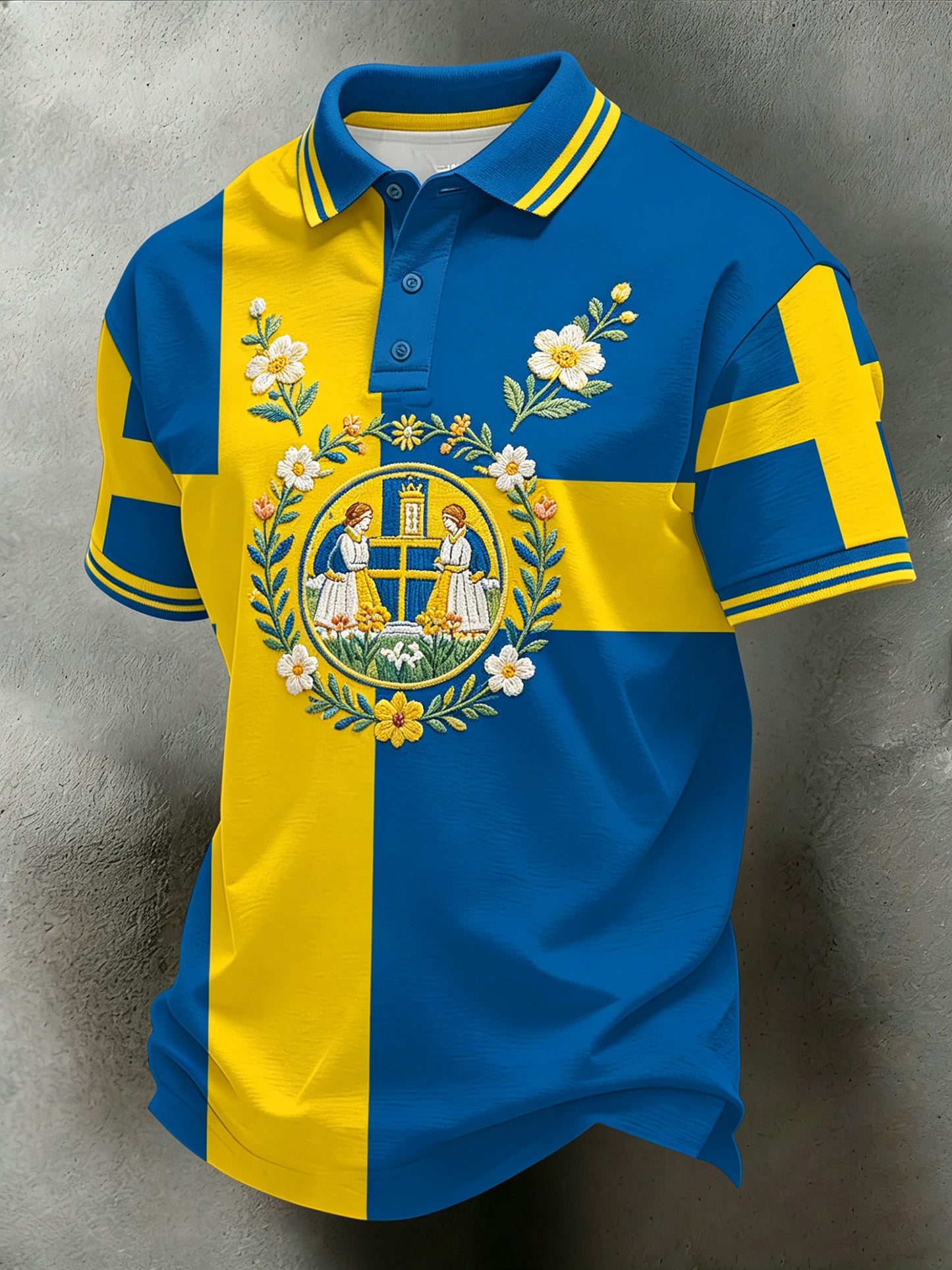 Men's polo shirt with an art print celebrating the Swedish Midsummer festival