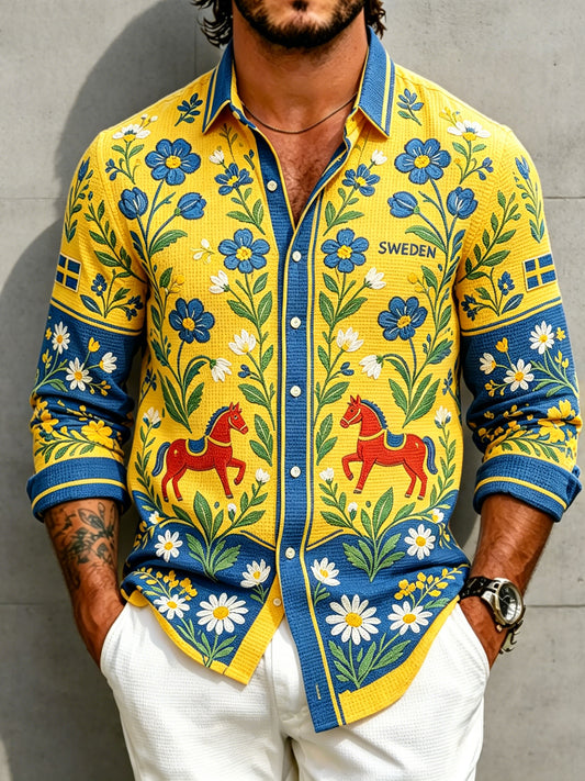Men's long-sleeved shirt with a midsummer floral pattern and waffle texture
