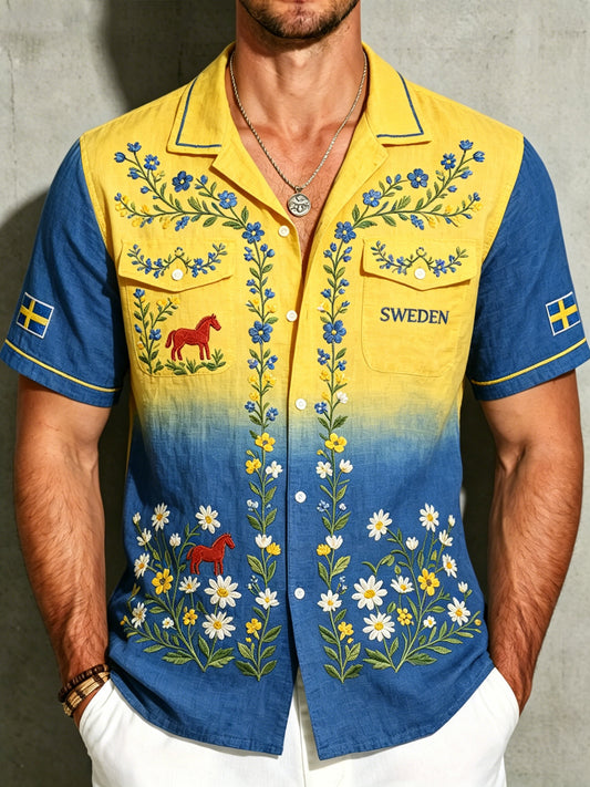 Men's cotton-linen shirt with midsummer floral pattern