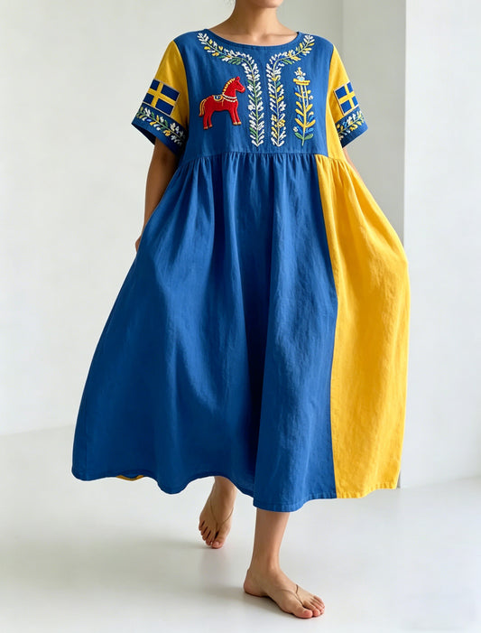 Damer Svensk midsommarfest minneskonsttryck lång klänning