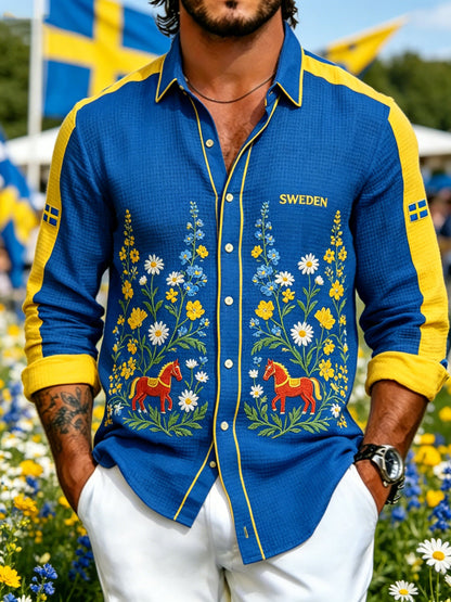 Herrskjorta med midsommarblommönster och våffelstruktur, långärmad