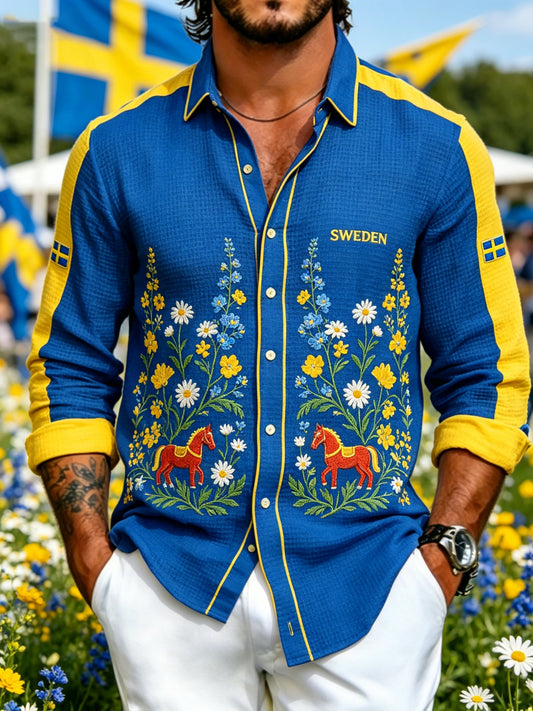 Men's long-sleeved shirt with a midsummer floral pattern and waffle texture