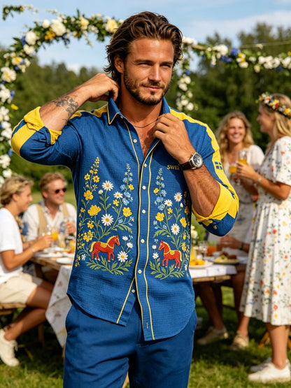 Herrskjorta med midsommarblommönster och våffelstruktur, långärmad