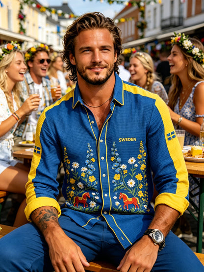 Herrskjorta med midsommarblommönster och våffelstruktur, långärmad